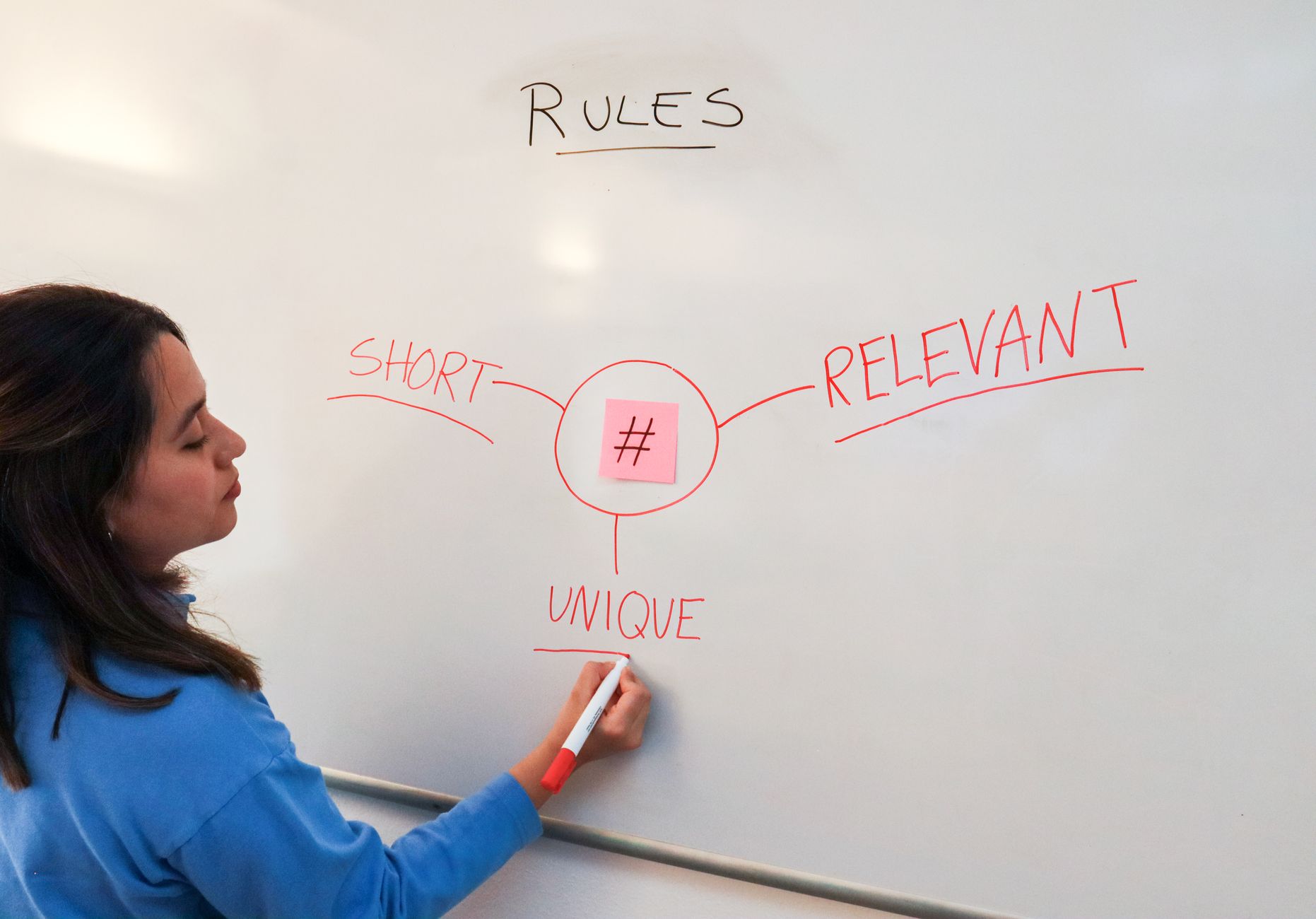A small business owner mapping out strengths and weaknesses on a whiteboard