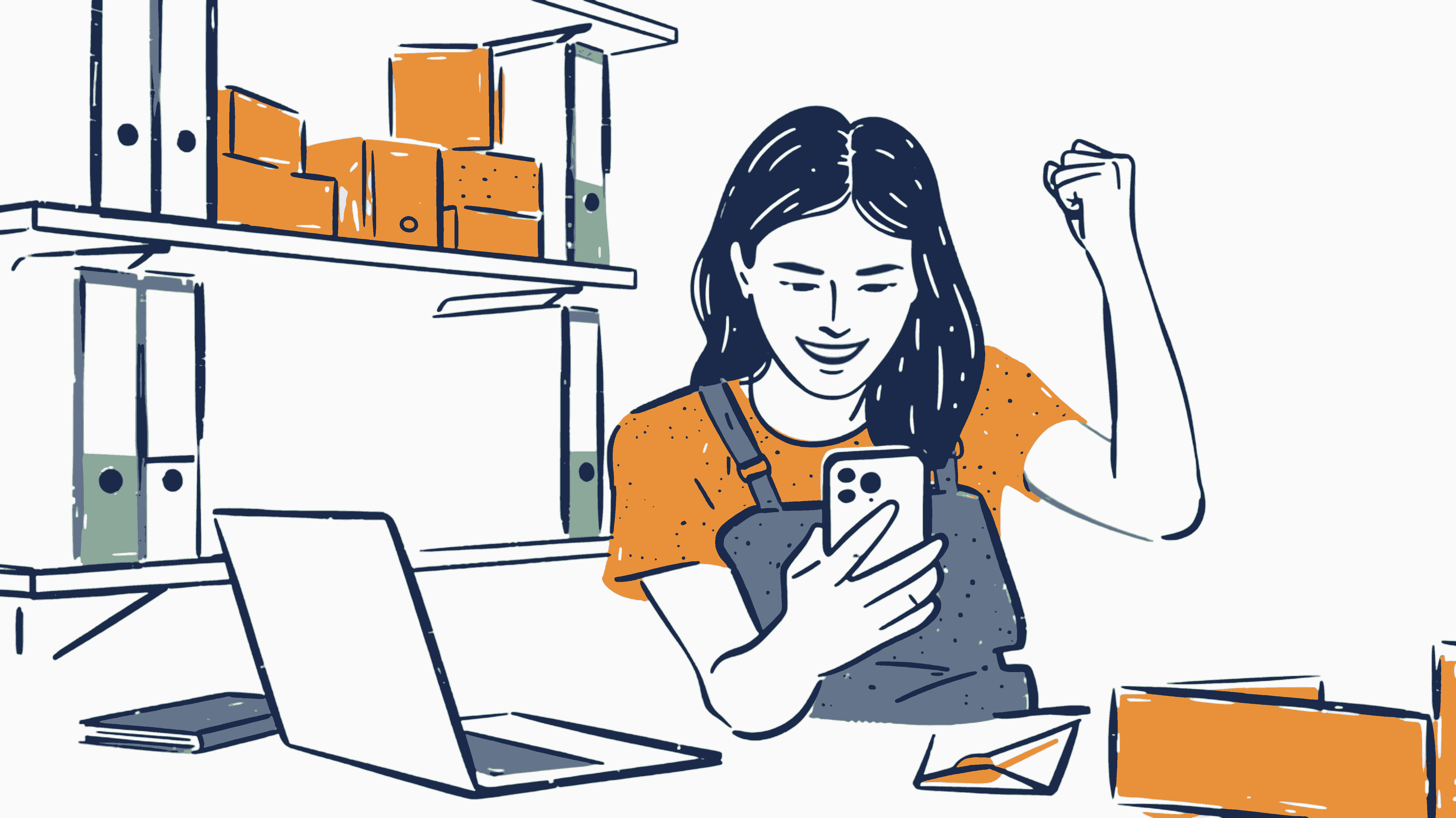 A small business owner cheering at her laptop, surrounded by stock and parcels.
