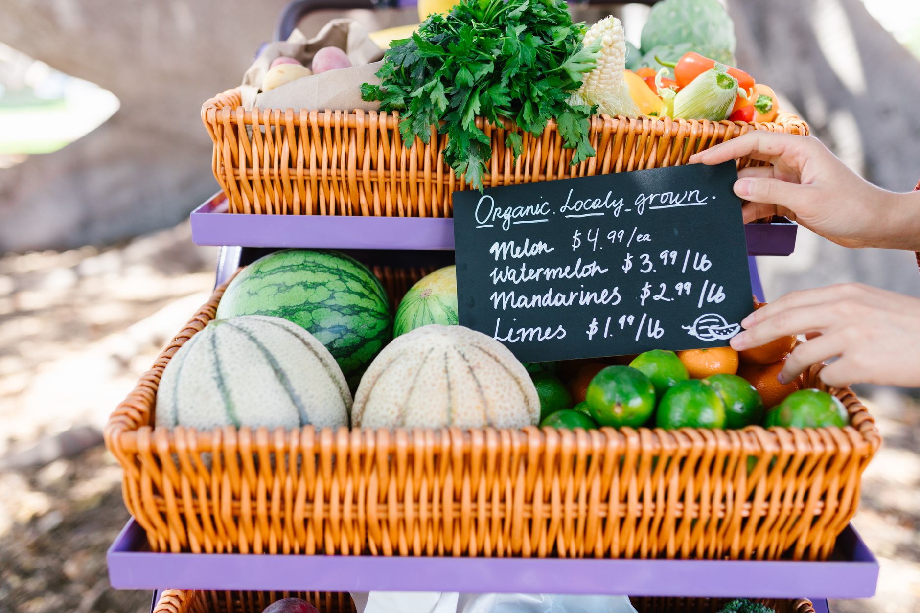 A market trader testing two different price signs on their stall