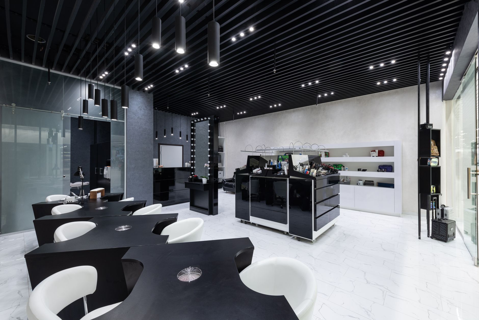 A salon interior with a consistent, recognisable colour scheme