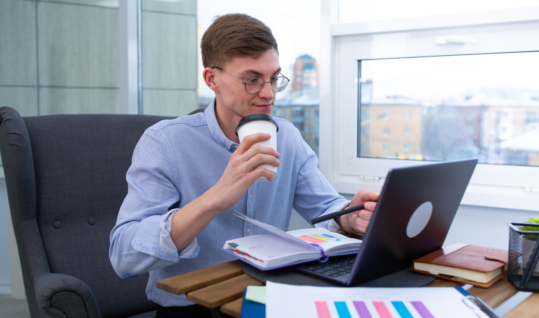 An independent consultant drafting marketing content at their desk