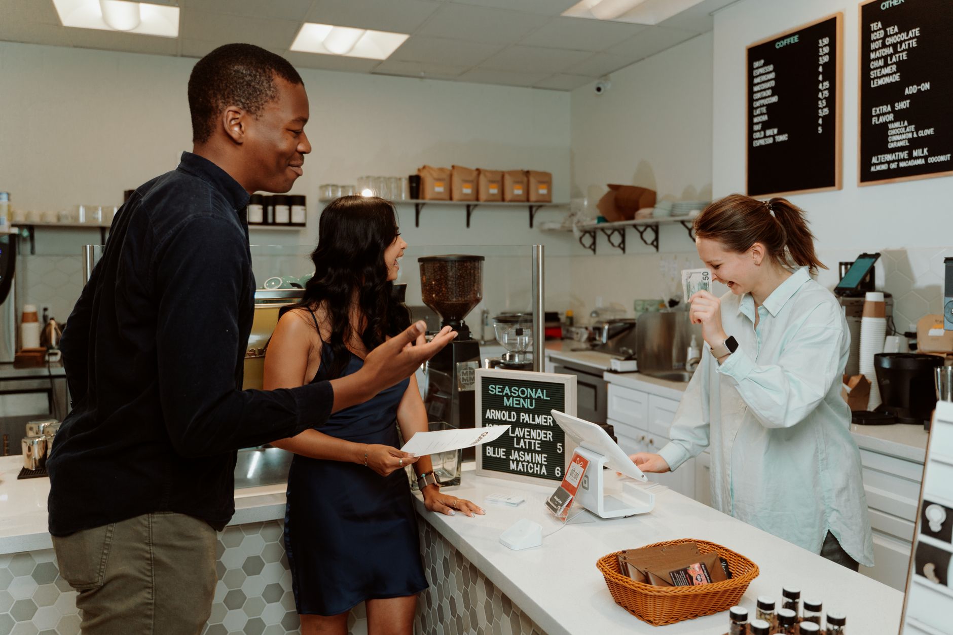 A service business owner building a relationship with a returning customer