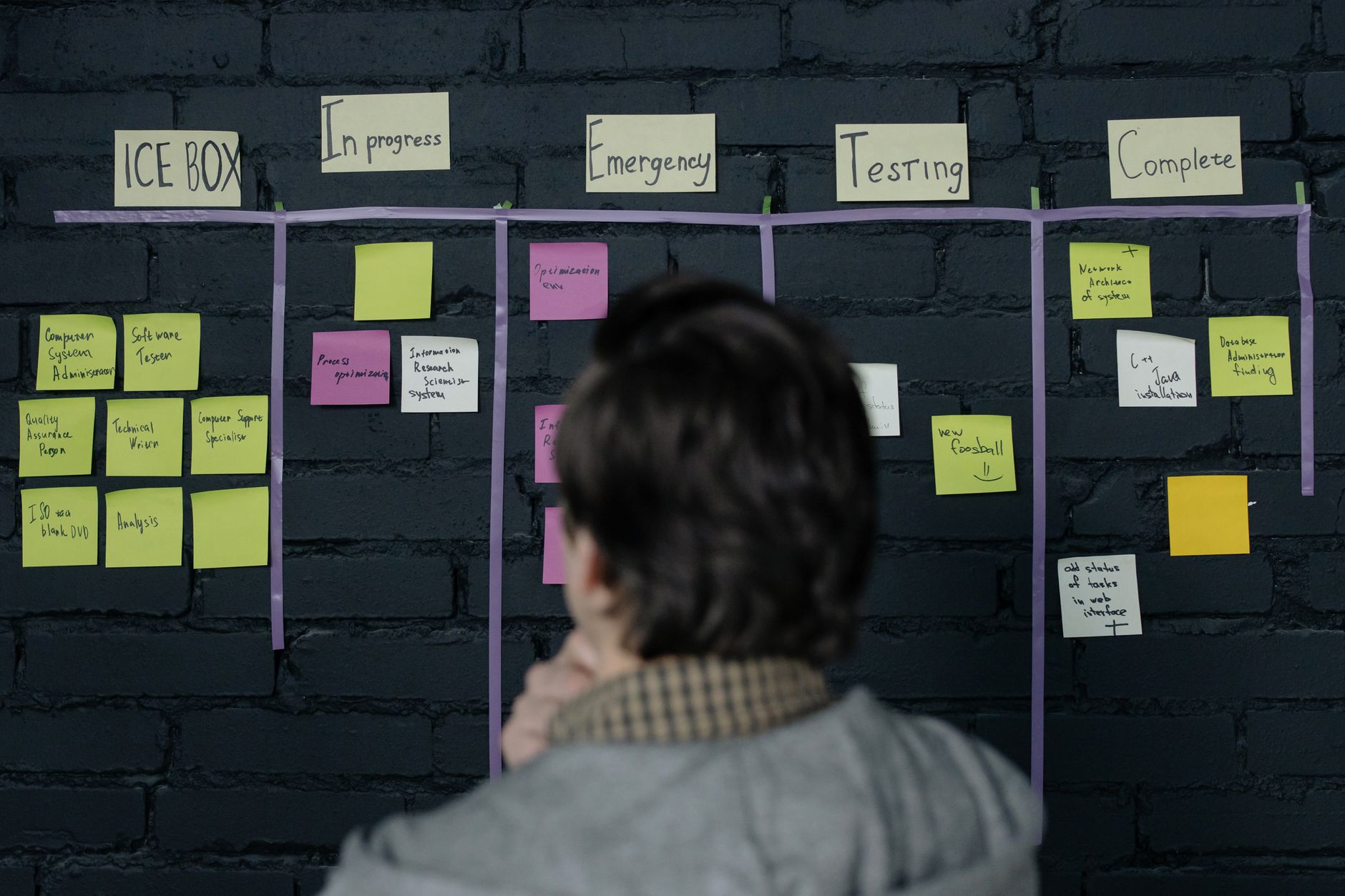 A course creator sorting keyword priorities using notes on a wall