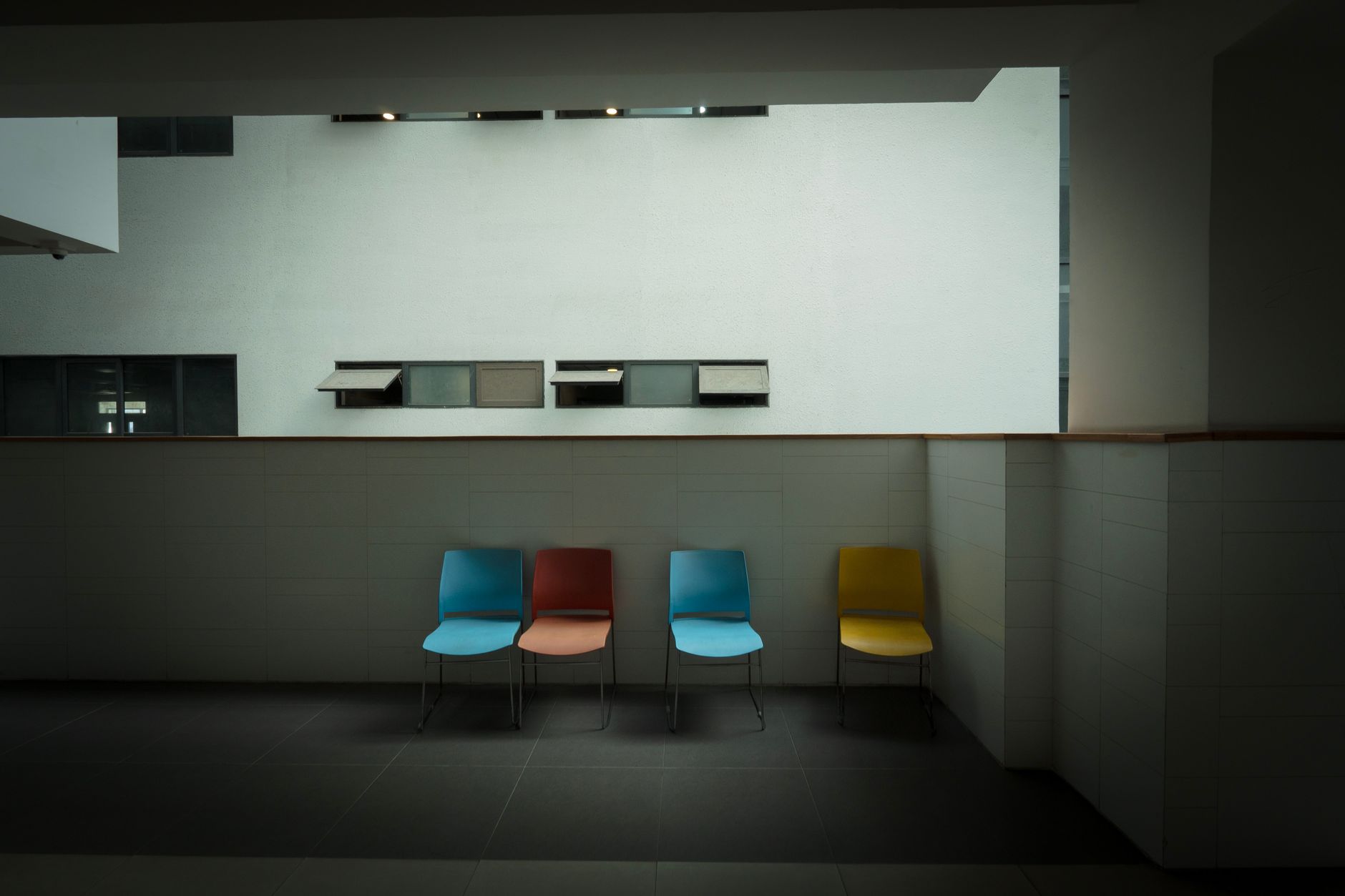 An empty veterinary waiting room between appointments