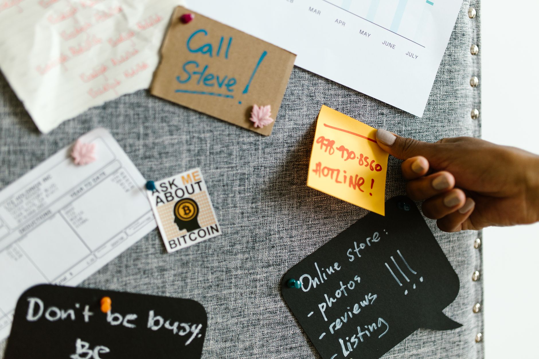A business owner reviewing their marketing plan pinned to the wall