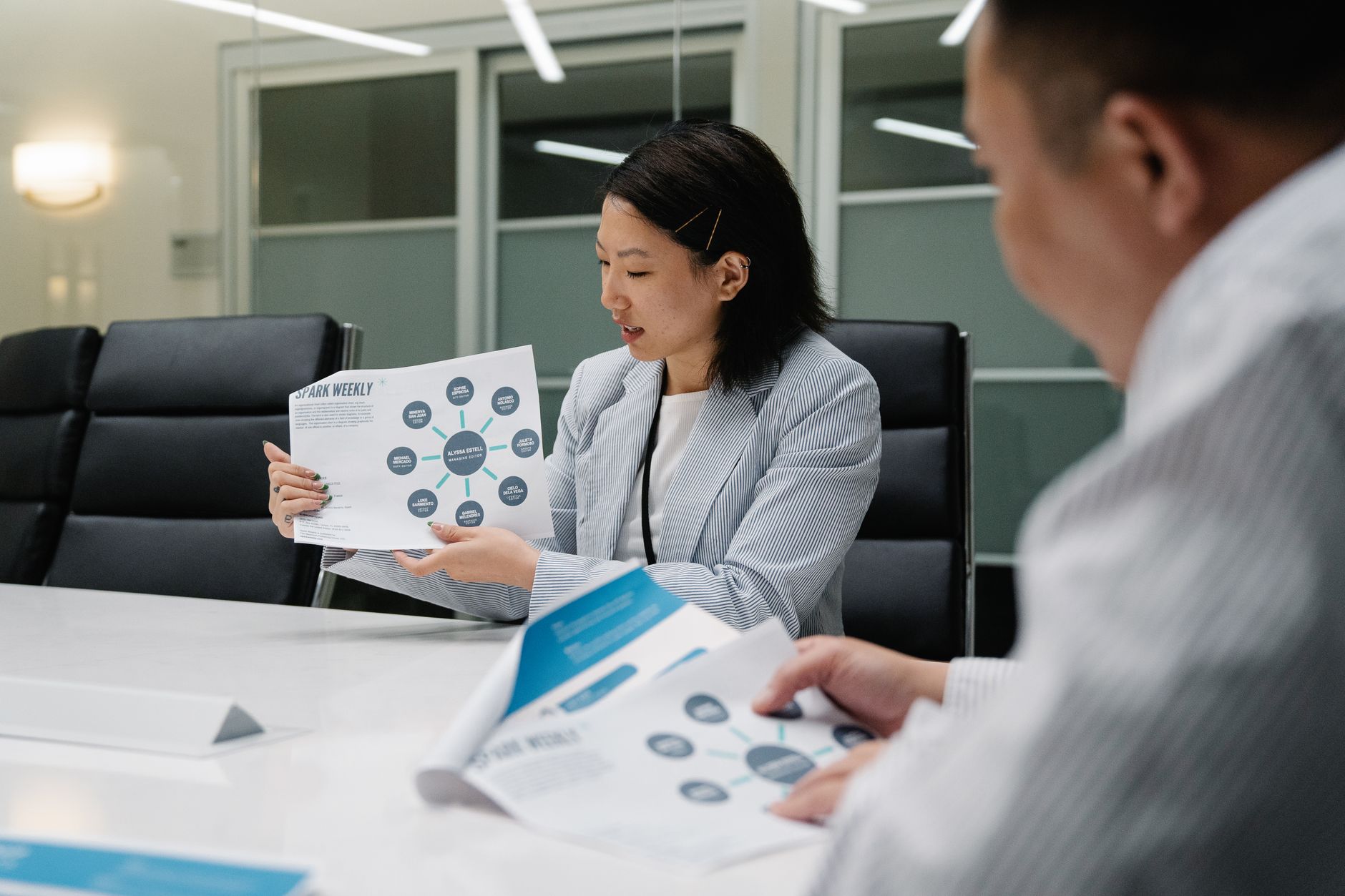 Two people reviewing a marketing brief handed over to an outside team