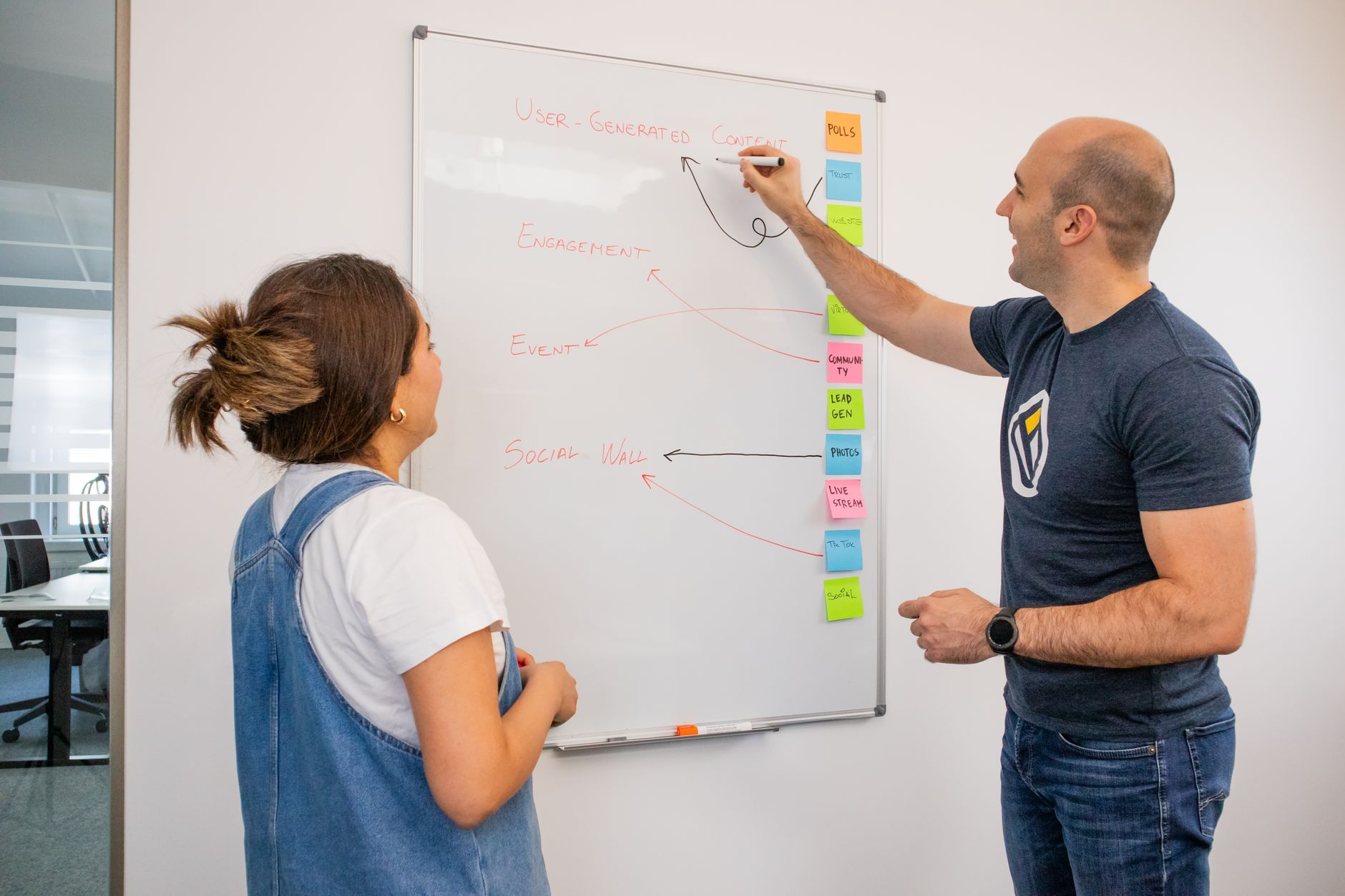 Two colleagues separating product positioning from brand and messaging