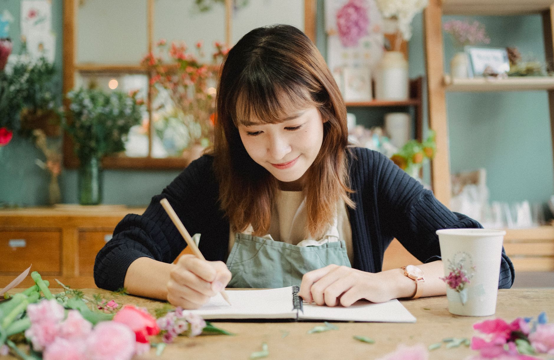 A small business owner planning their website content