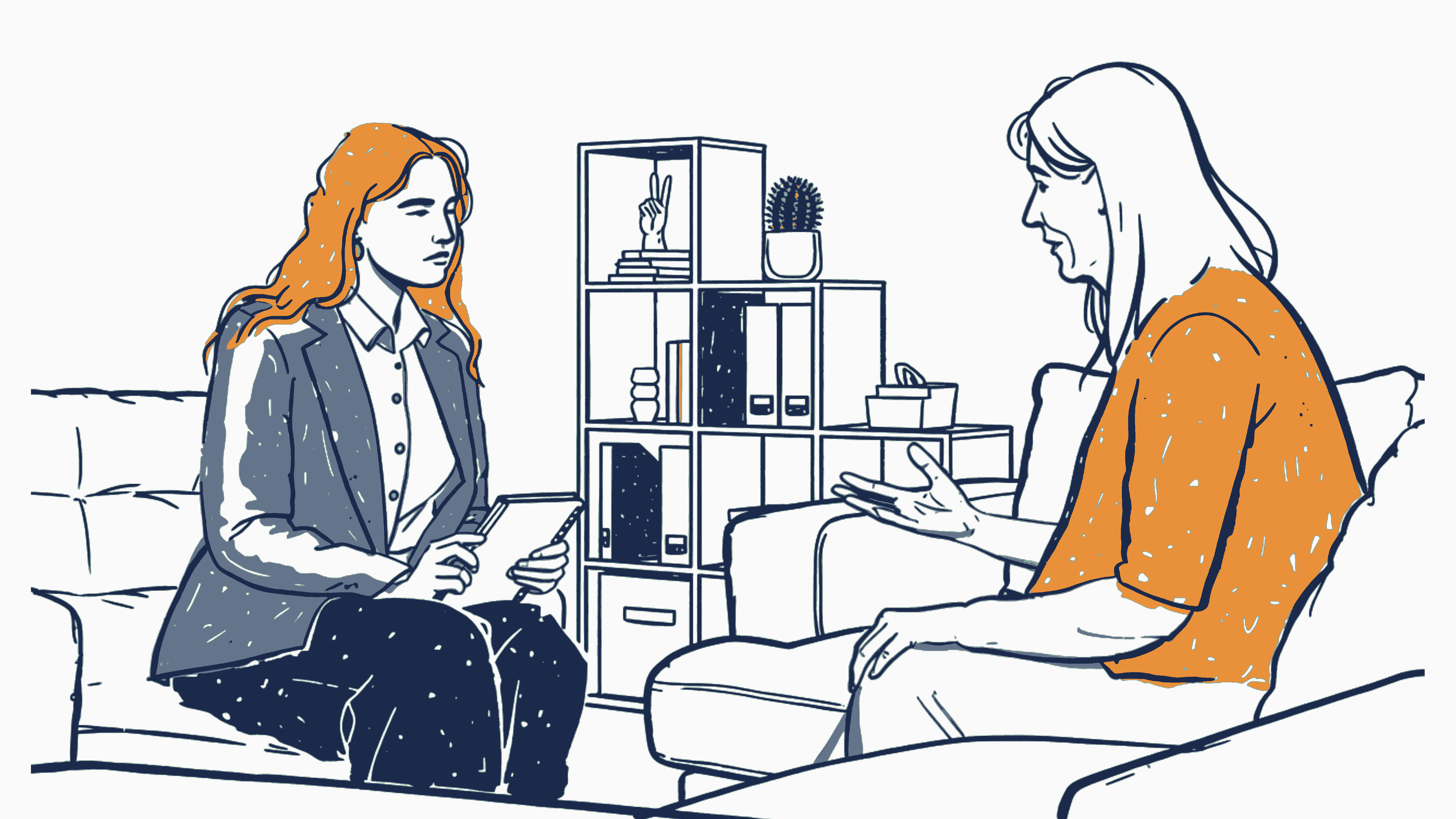 A therapist in conversation with a client in a calm consulting room