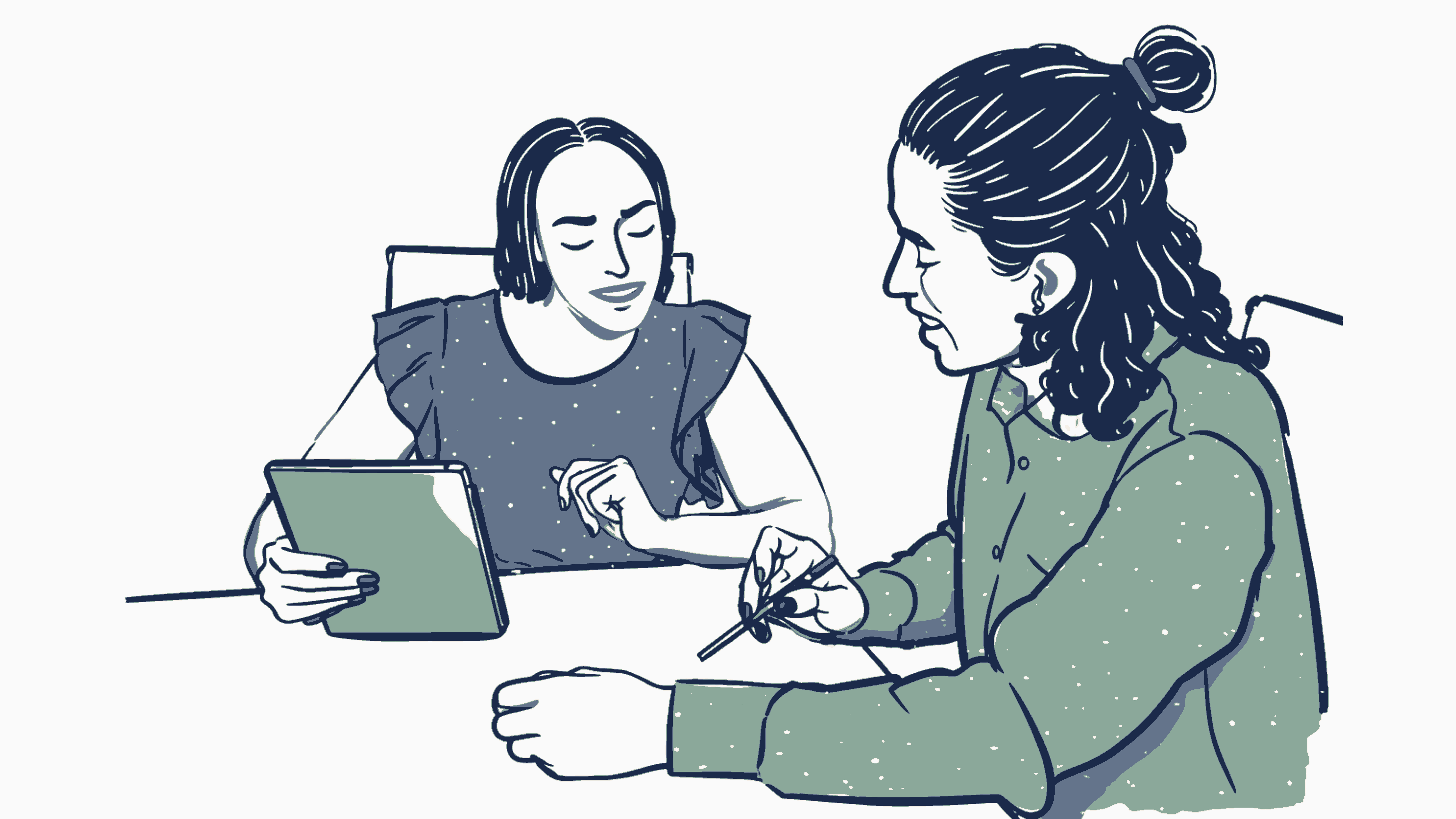 An adviser guiding a business owner across a table, Compass teaching the fundamentals of marketing.